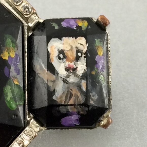 Hand-Painted Ferret Black Brooch Pin Silvertone Metal  Pet Artisan Polecat - Picture 8 of 16